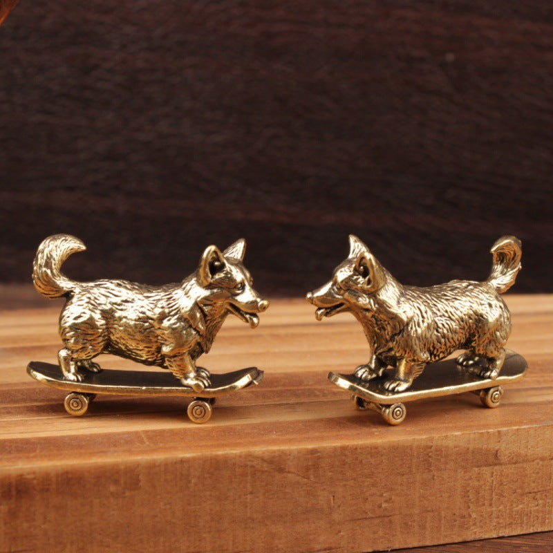 Wholesale Brass Skateboard Dog Figurine Chinese Zodiac Ornament for Resale Home Decor