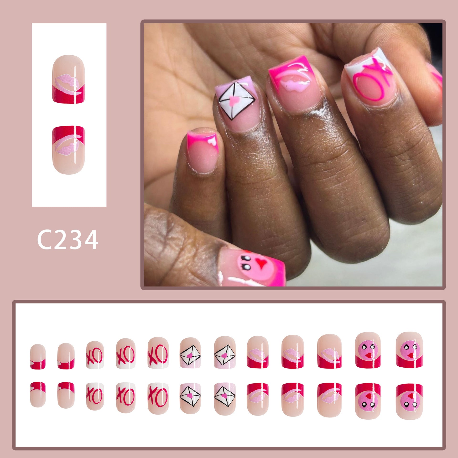 Wholesale 24 Pieces/box Valentine's Day Glossy Lips Red Pink Love Manicure Press-on Nails Kits Nail Stickers ACC-NS-GuaiXL049