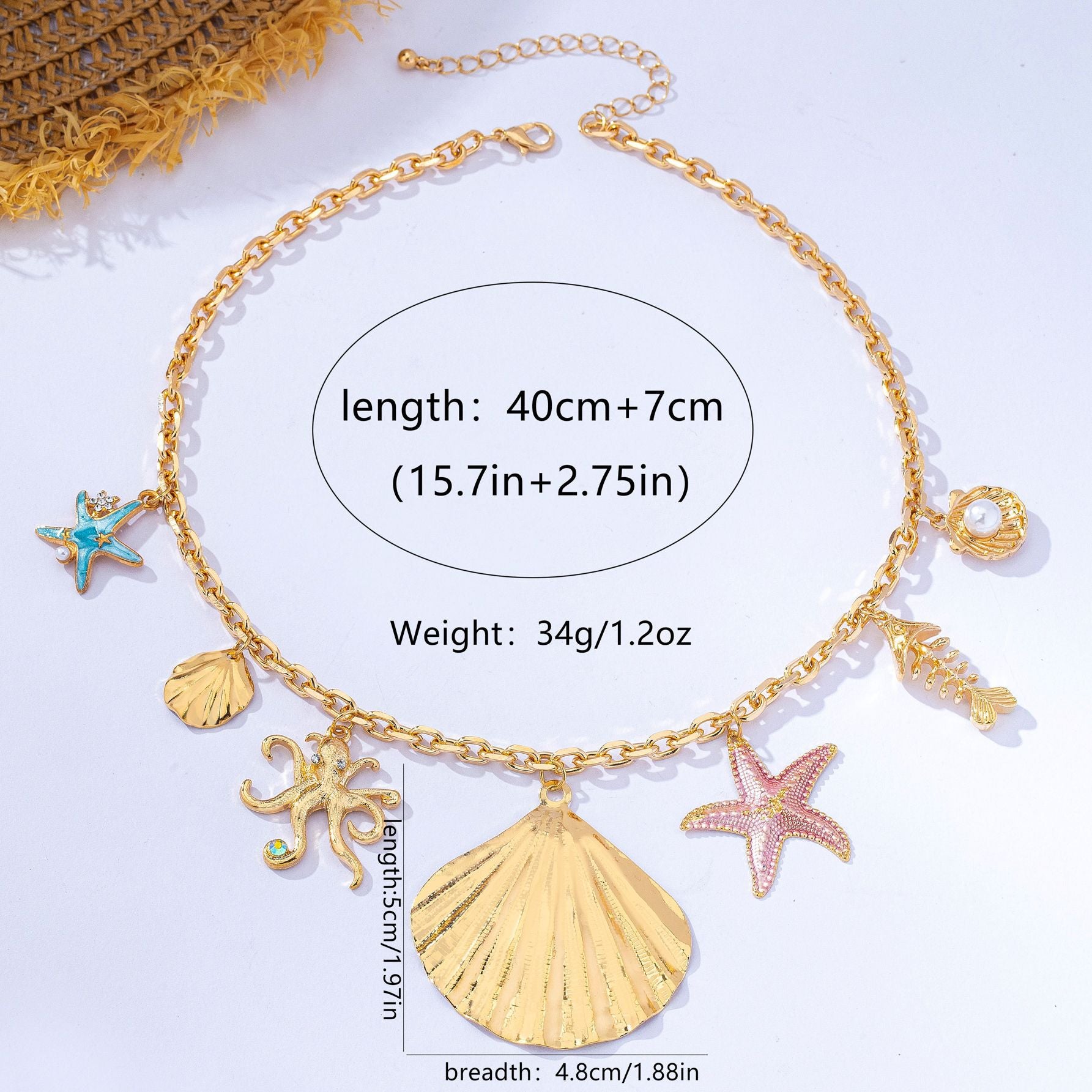 Wholesale Bohemian Ocean Themed Shell Starfish Octopus Multi Pendant Necklace Gold Plated Zinc Alloy Chic Vacation Style Jewelry Accessory