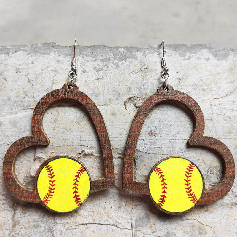 Wholesale Heart Shaped Sports Fan Earrings Wooden Geometric Hollow Dangle Earrings Stylish Fashion Accessory Gift