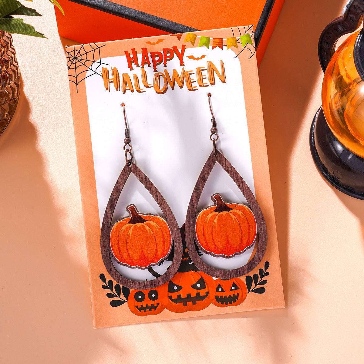 Wholesale Halloween Cartoon Wood Pumpkin Spider Kitten Earrings ACC-ES-Ditong004