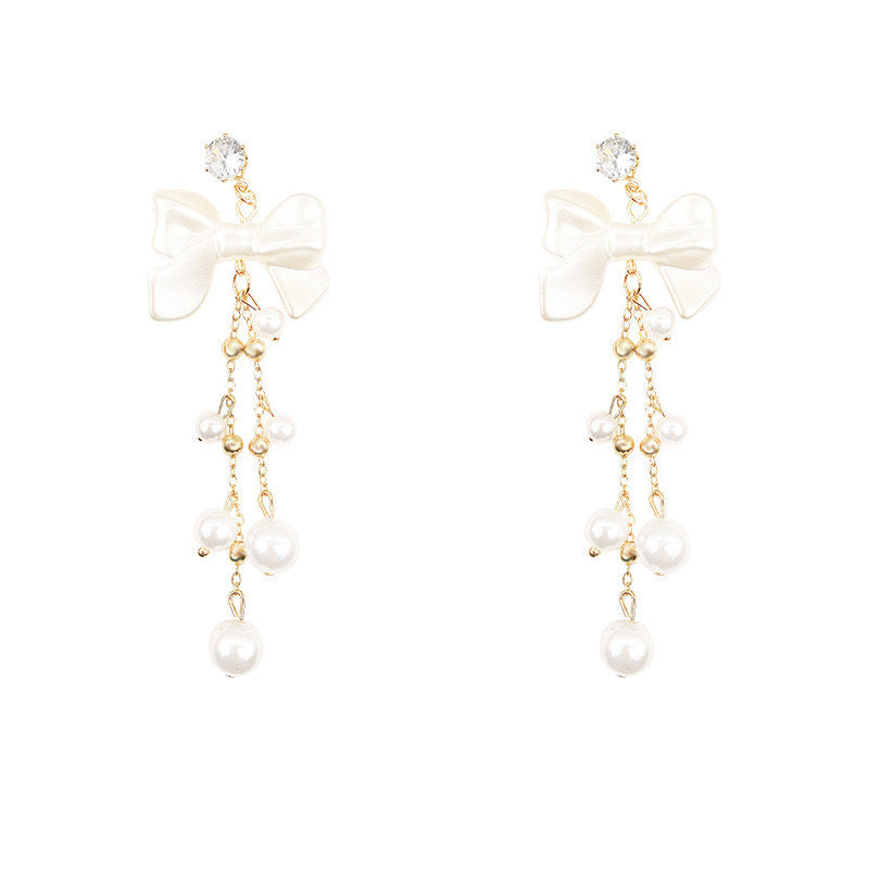 Wholesale  Retro Long Bow Pearl Tassel Earrings