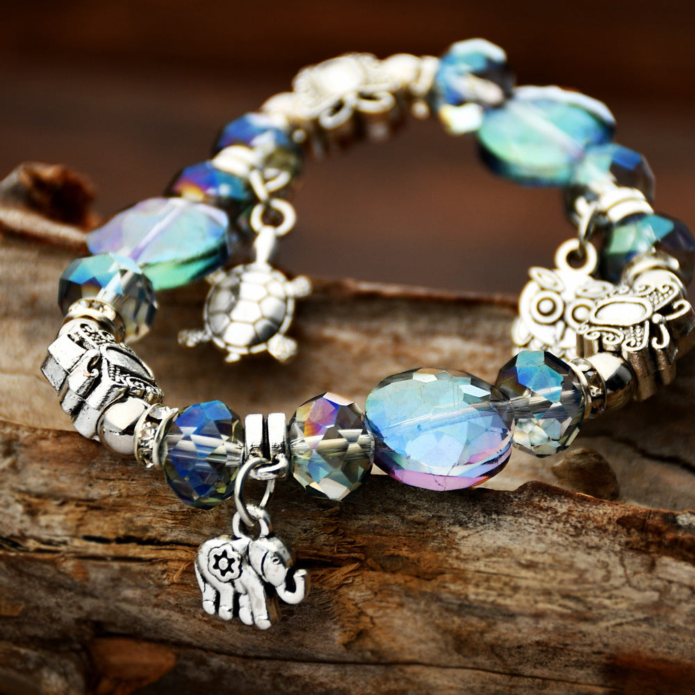 Wholesale Ethnic Style Crystal Bead Bracelet with Elephant Pendant,  Vintage Silver Tone,  Fashion Jewelry Accessory,  Travel Souvenir Gift