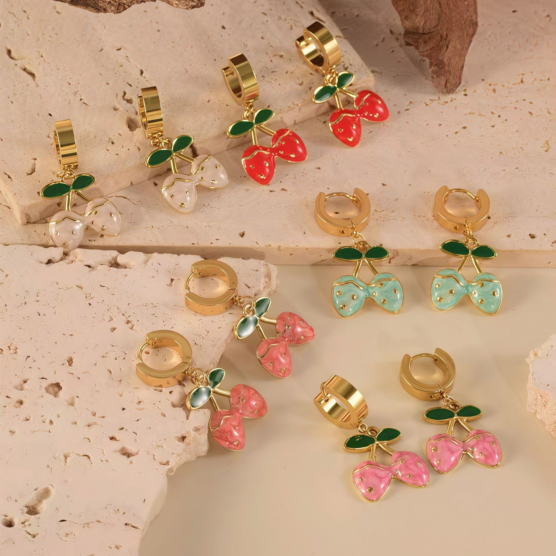 Wholesale Light Luxury Stainless Steel Sweet Enamel Strawberry  Cherry Hoop Earrings