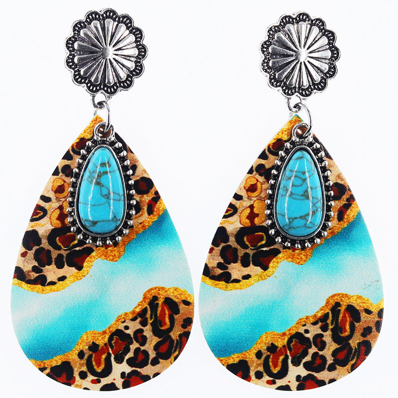 Wholesale Western Denim style leopard print alloy turquoise leather earrings