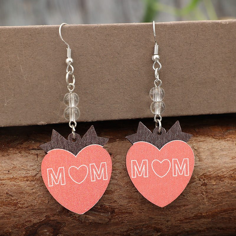 Wholesale  Wooden Heart Printed Letter Mother's Day Earrings