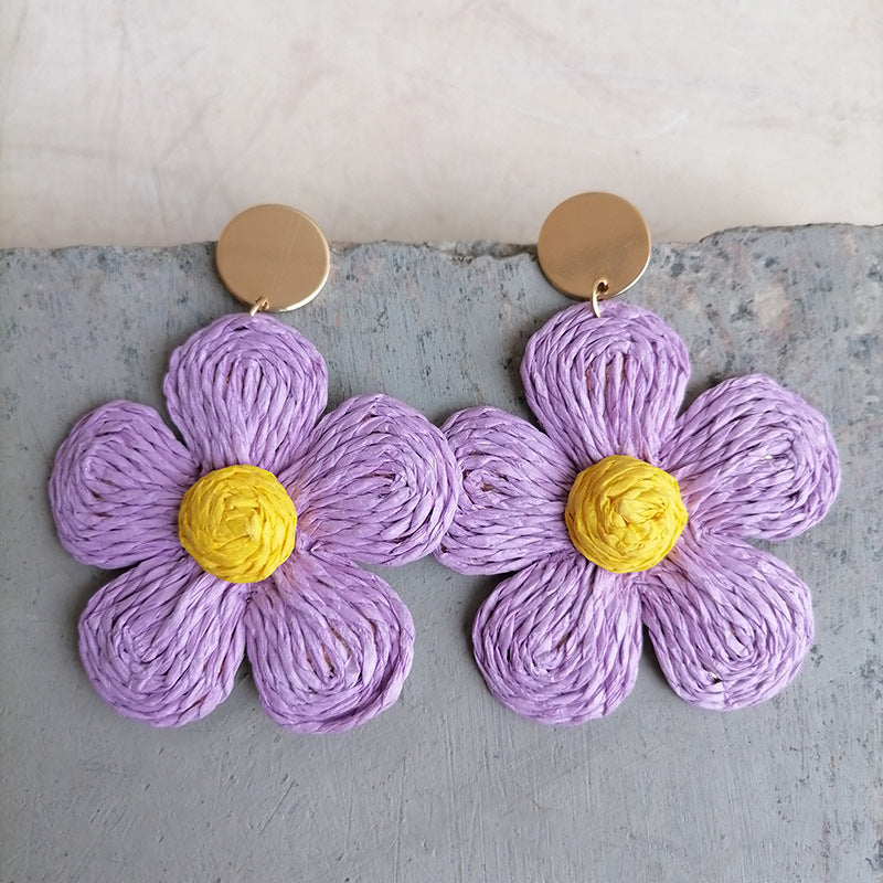 Wholesale 2 Pairs/pack Bohemian Rattan Raffia Colorful Flower Earrings ACC-ES-HY091