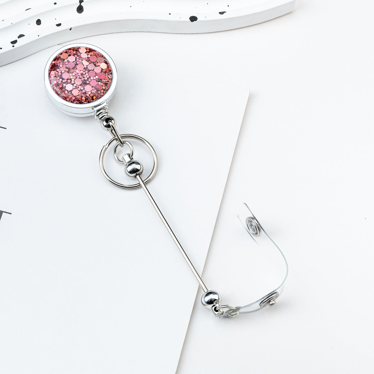 Wholesale DIY Beadable Glitter Sequin Badge Reels Easy-pull Buckle Retractable Plastic Easy-pull Badge Reel Buckle Retractable Buckle