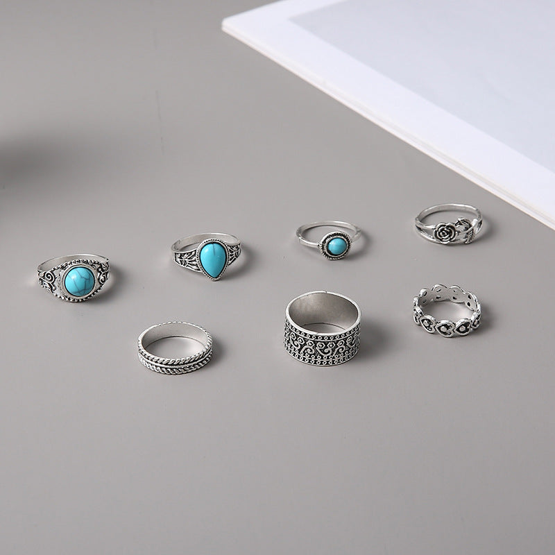 Wholesale Bohemian Turquoise Rose Totem Ring Set 7-Piece Vintage Alloy Jewelry Accessory Gift