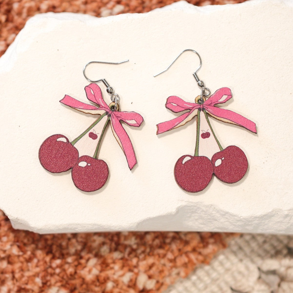 Wholesale Valentine's Day Bow Cherry Cartoon Wooden Earrings