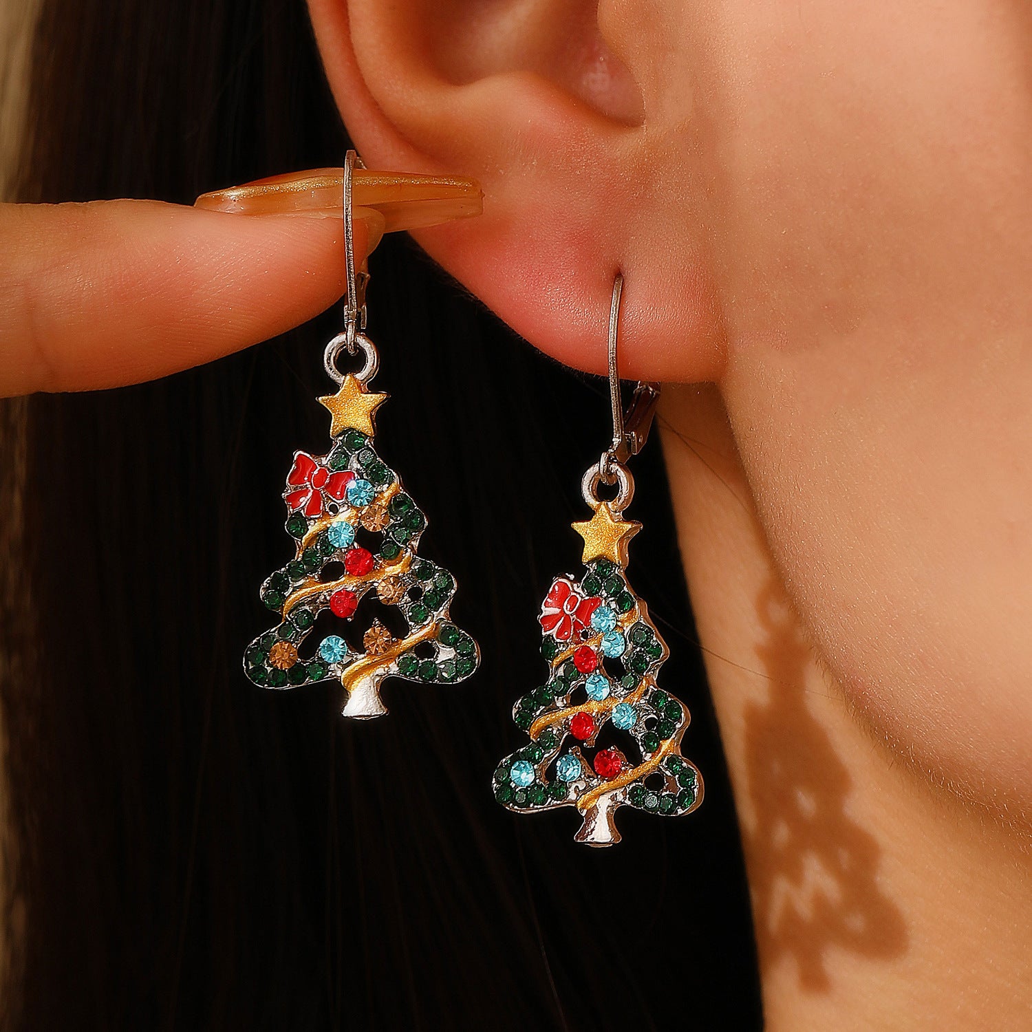 Wholesale Christmas Tree Earrings For Women Colorful Rhinestone Gold Tone Party Jewelry Gift