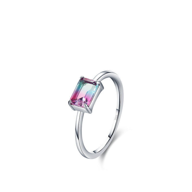 Wholesale s925 sterling silver rectangular watermelon tourmaline ring