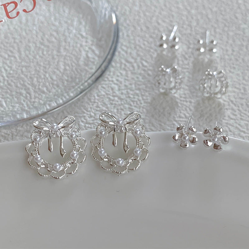 Wholesale Plain Silver Heart Lace Bow Earrings Three-Piece Set Silver Needle Earrings