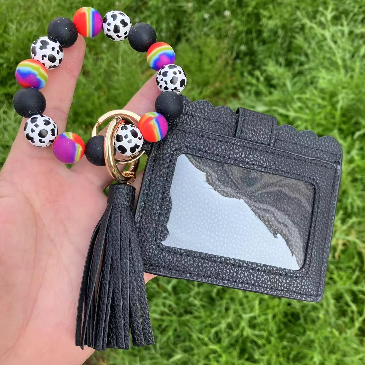 Wholesale European Retro Geometric Pattern Silicone Bead Wristlet Keychain Card Holder - Fashion Accessory for Women