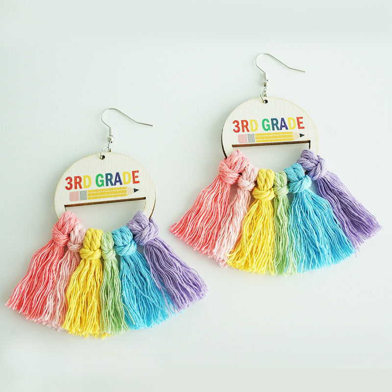 Wholesale 2 Pairs/pack Back To School Season Colorful Braided Earrings Handmade Tassel Wood Earrings ACC-ES-HY153