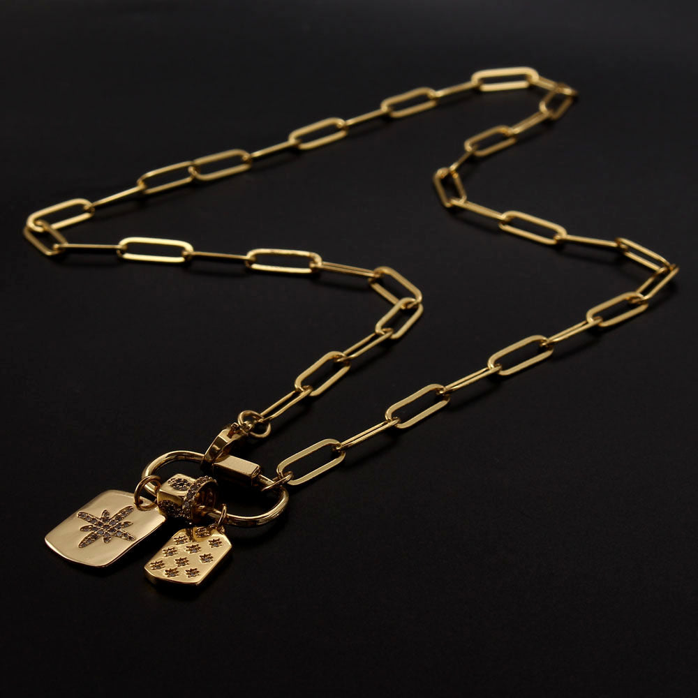 Wholesale Thick Copper Electroplated Zircon Love Rectangular Pendant Necklace