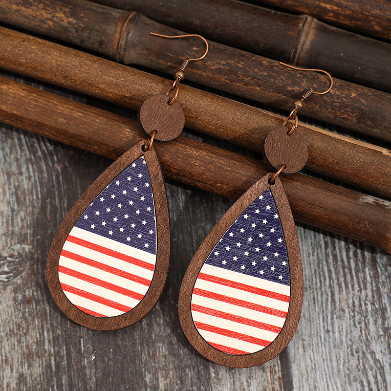 Wholesale Independence Day teardrop-shaped striped five-pointed star wooden earrings