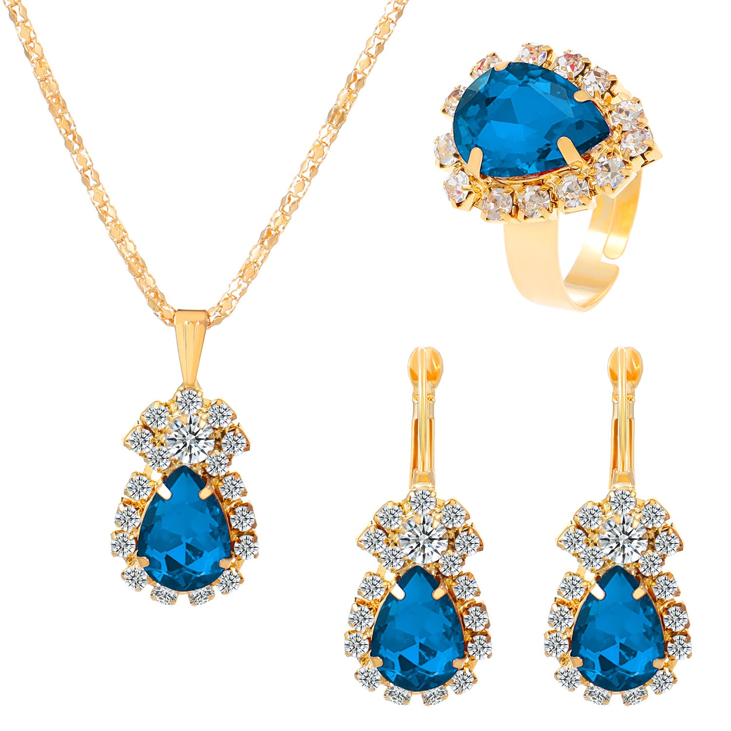 Wholesale Colorful rhinestone necklace earrings and ring set