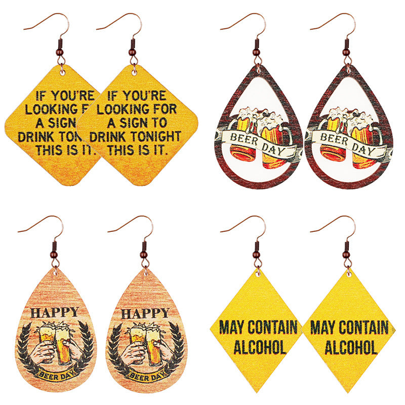 Wholesale Oktoberfest Retro Old Style Beer Elements Geometric Classic Quotes Women's Wooden Earrings