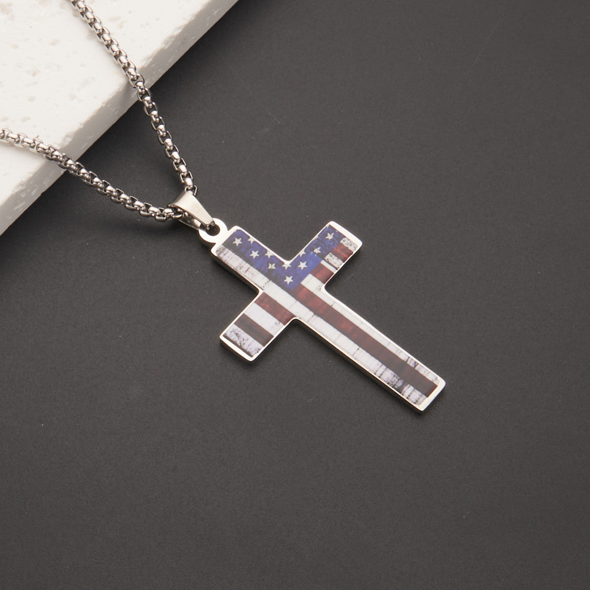Wholesale American Independence Day Flag Cross Stainless Steel Necklace ACC-NE-MS020