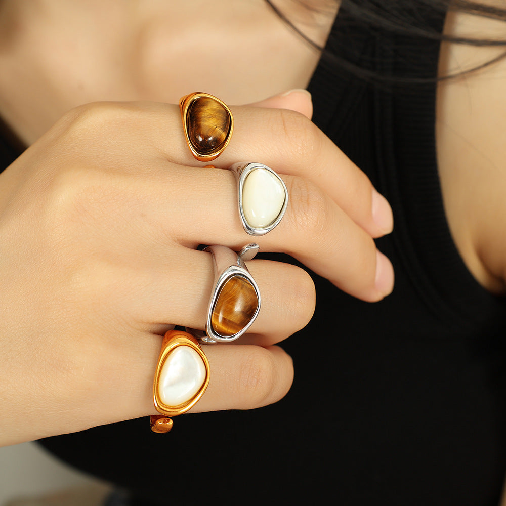 Wholesale French Retro Natural Tiger Eye Stone Ring Titanium Steel Plated with 18K Gold Elegant Niche Design Open Women' s Ring Accessible Luxury