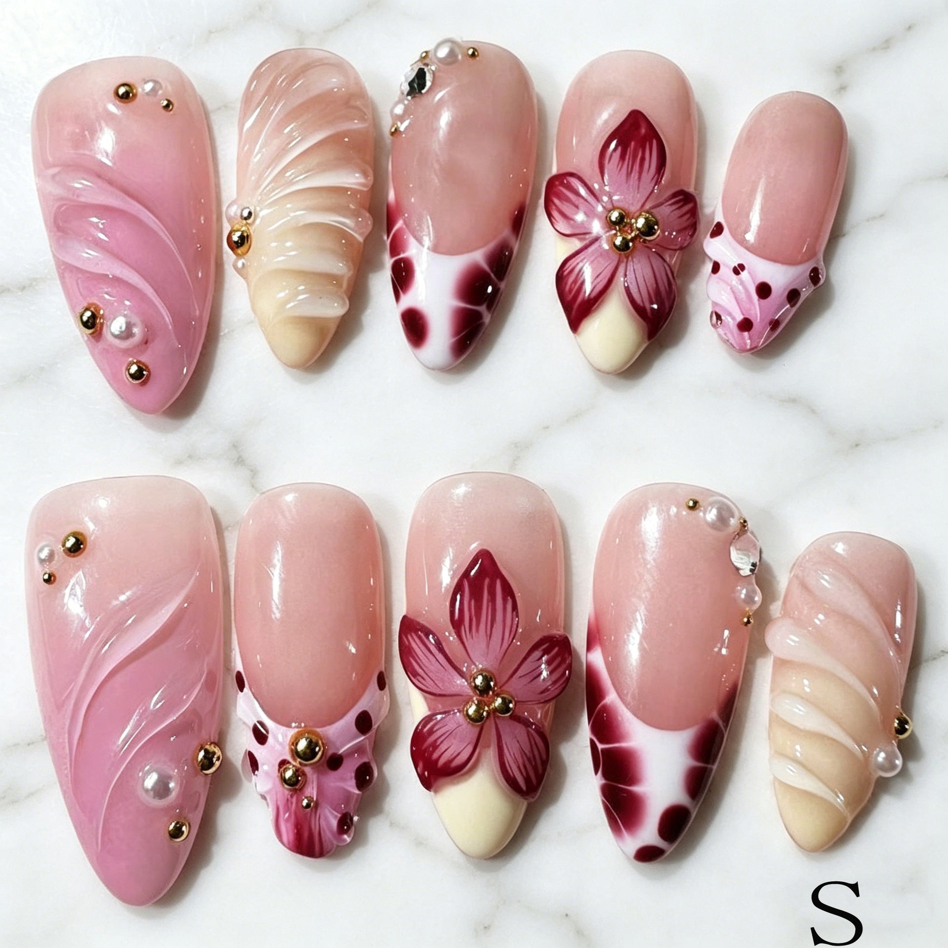 Wholesale 10 Pieces Almond Shaped Press On Nails Pink Gradient Floral Pearl Design Sweet Everyday Fashion Accessory Gift For Women