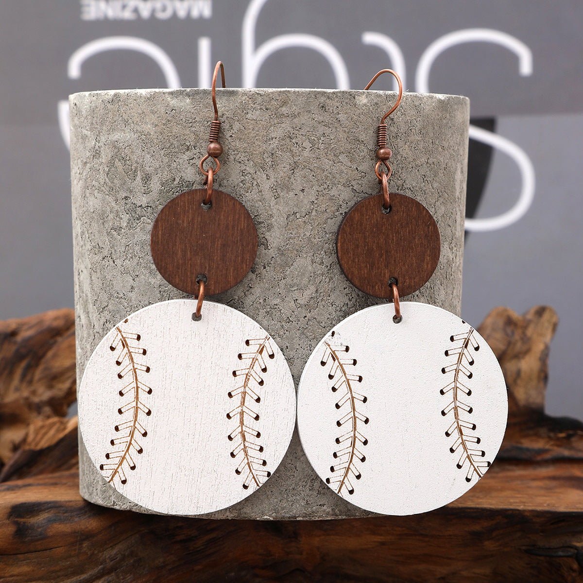 Wholesale Trendy Wooden Baseball Pattern Earrings for Women Geometric Sphere Design Boutique Resale Jewelry Accessory