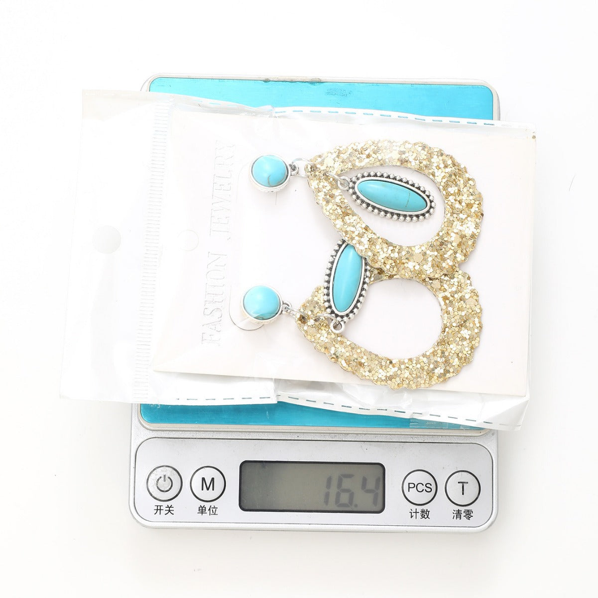 Wholesale  Super Flash Sequin Hollow Drop Natural Turquoise Leather Earrings