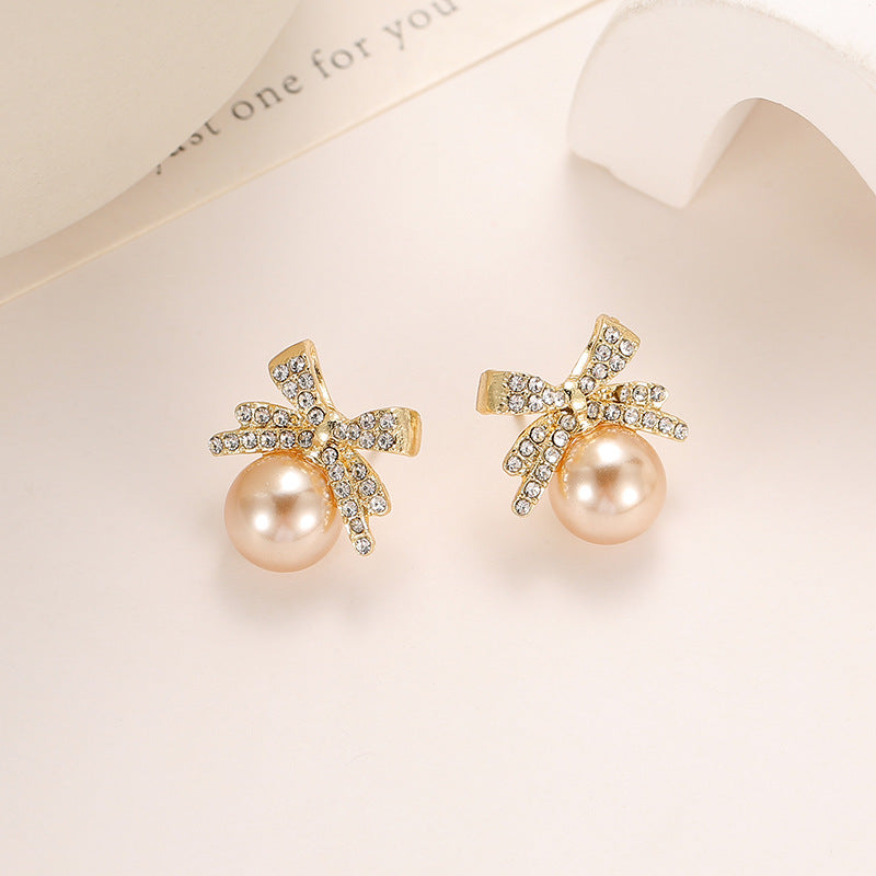 Wholesale Bow Pearl Full Diamond Earrings