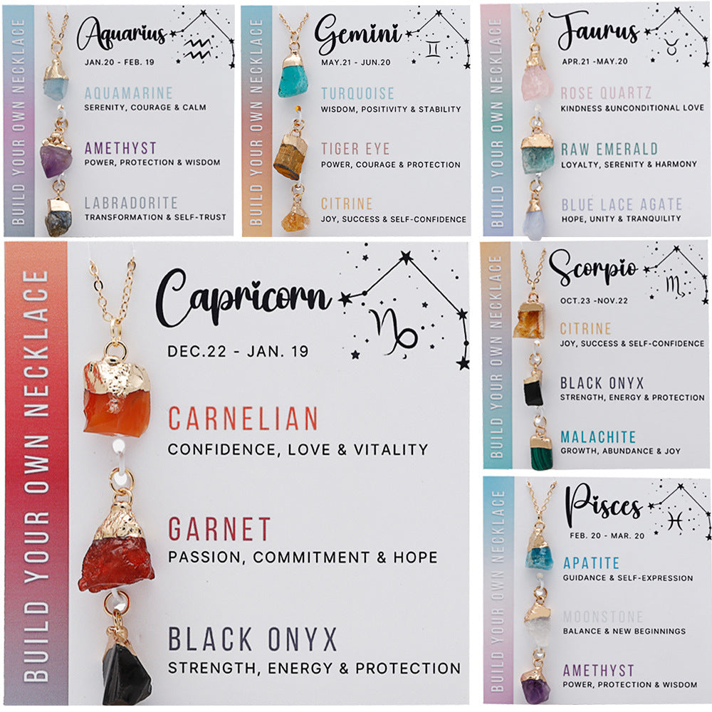 Wholesale Natural Stone Crystal Cards Stainless Steel Birthstone Twelve Zodiac Signs Necklace Set ACC-NE-ZhuangZ001