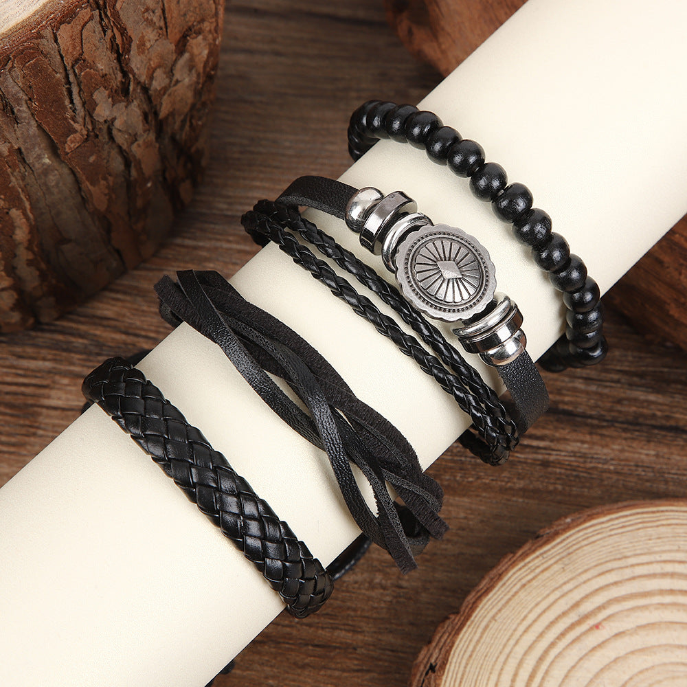 Wholesale Retro Sunflower Alloy Cowhide Braided Bracelet With Wooden Beads Unisex Street Style Wristband Fashion Accessory For Everyday Wear