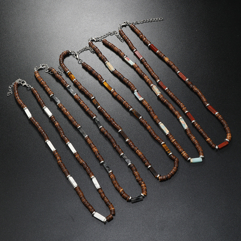 Wholesale Vintage Bohemian Summer Brown nut Shell Wood Bead Natural Stone Necklace for Men