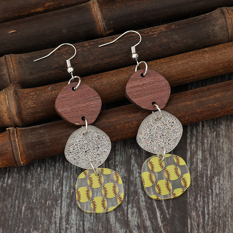 Wholesale  Retro Multiple Geometric Splicing Printed Baseball Sports Style Earrings