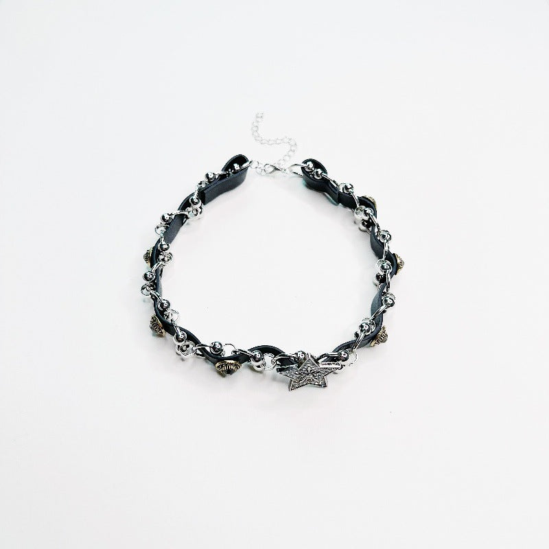 Wholesale leather woven five-pointed star button necklace