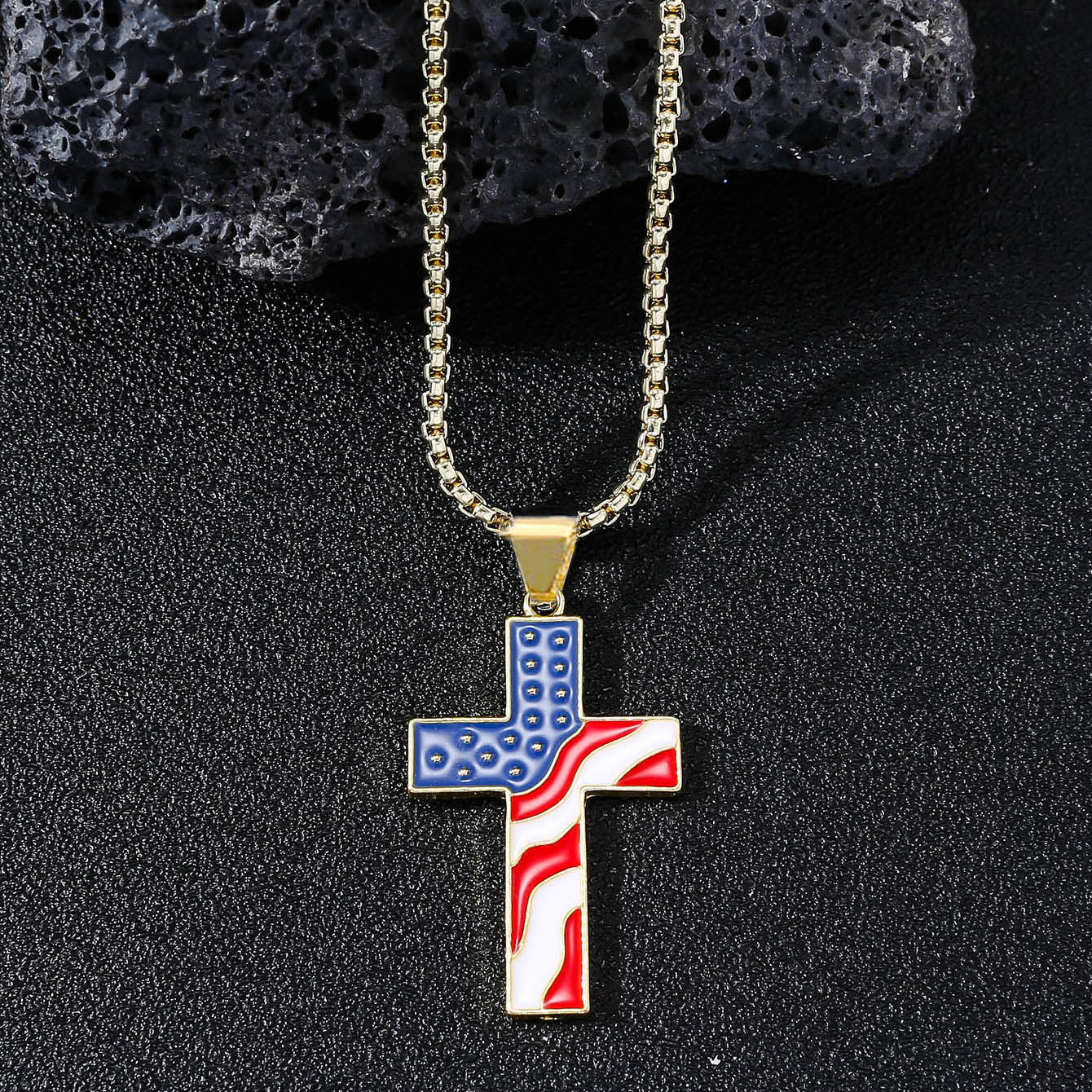 Wholesale Independence Day American Flag Cross Oil Drop Pendant Unisex Necklace