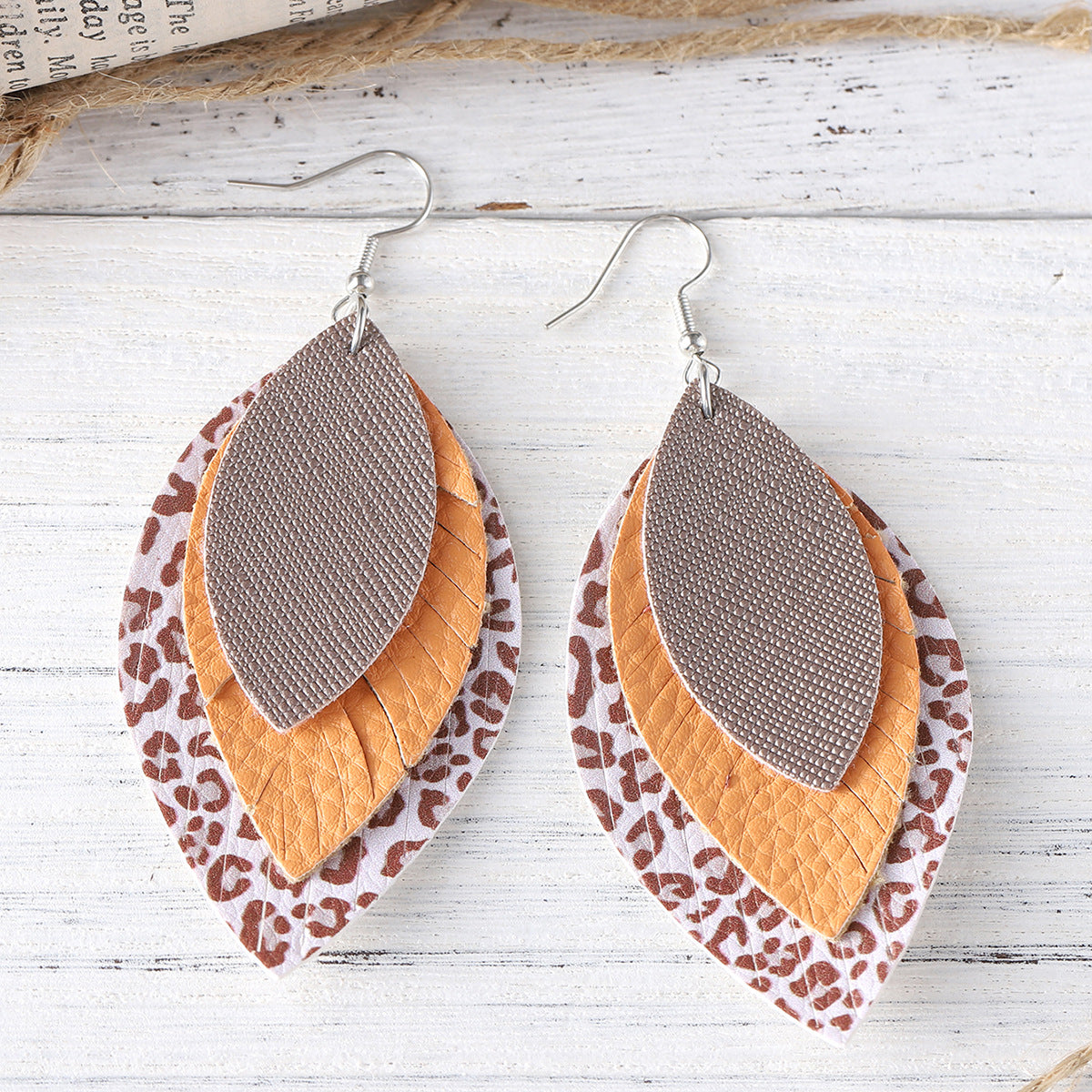 Wholesale  Bohemian Three-layer Water Drop Diamond Leather PU Leopard Pendant Earrings