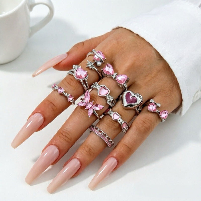 Wholesale Alloy Butterfly Rhinestone Open Ring Set Silver Pink Fashion Jewelry Gift