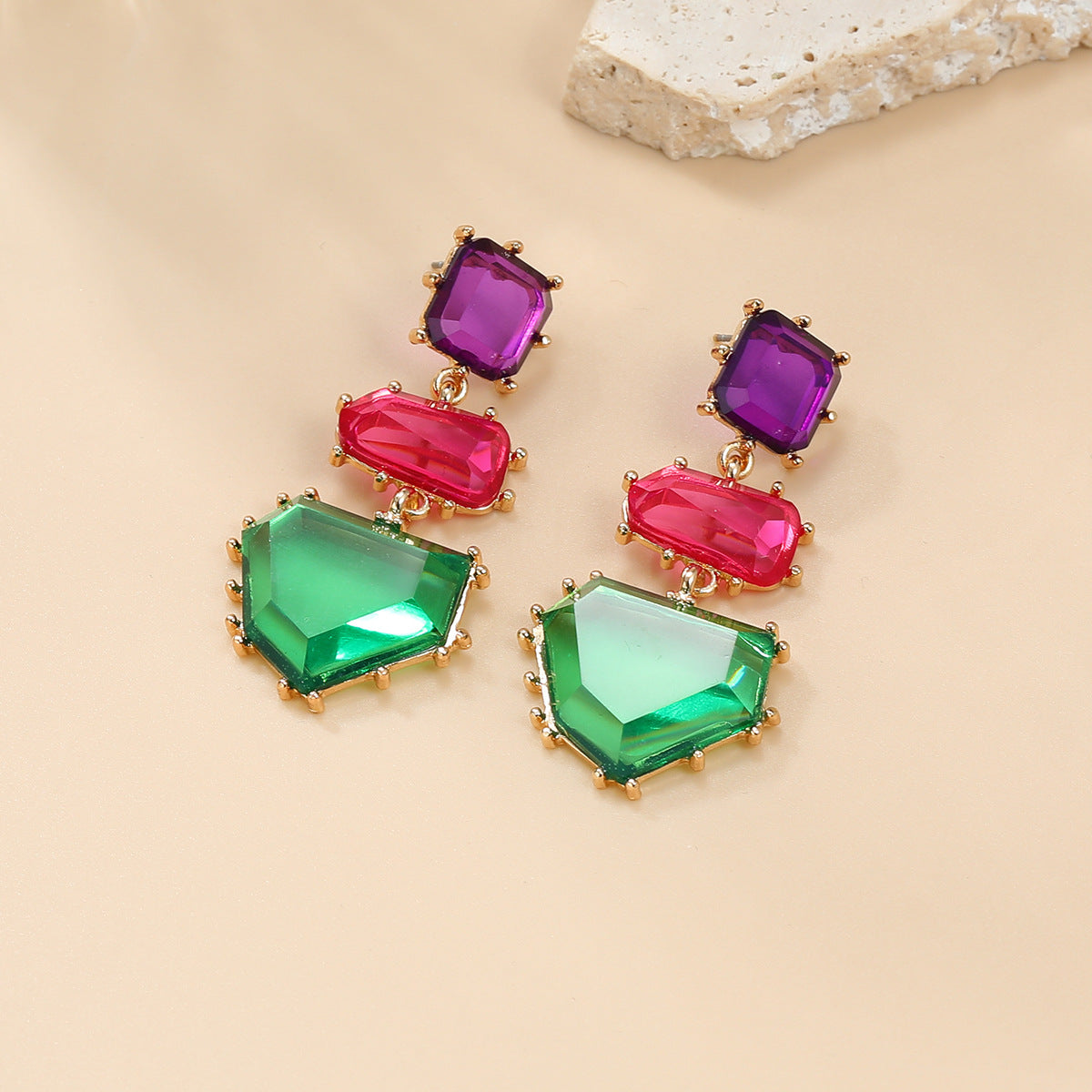 Wholesale Bohemian Jewelry Colored Diamond Earrings with Exaggerated Geometric Shapes and Color Blocking Earrings ACC-ES-JL004