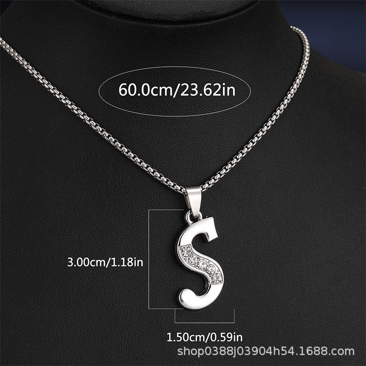 Wholesale Titanium Steel 26 Diamond-Encrusted English Letter Necklaces
