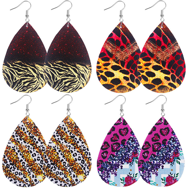 Wholesale Western retro leopard tiger pattern women's teardrop leather earrings