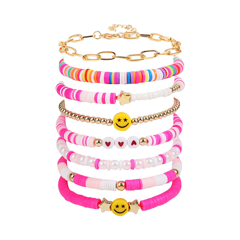 Wholesale  Vintage Elastic Thread Love Heart Smiley Face Soft Clay Bracelet Set
