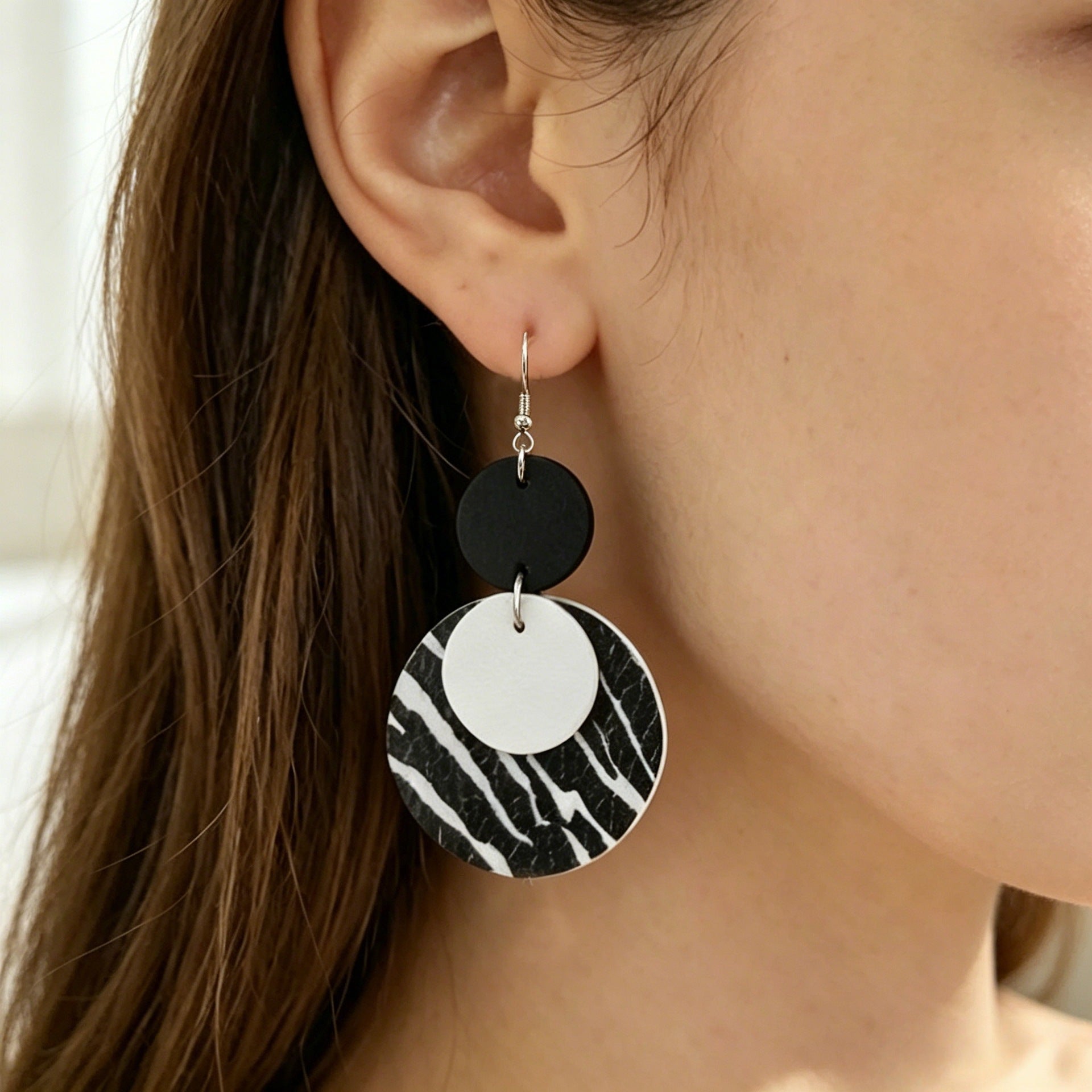 Wholesale Leather Earrings,  Black White Zebra Multi-Layered Round - Boutique Resale Jewelry Accessory