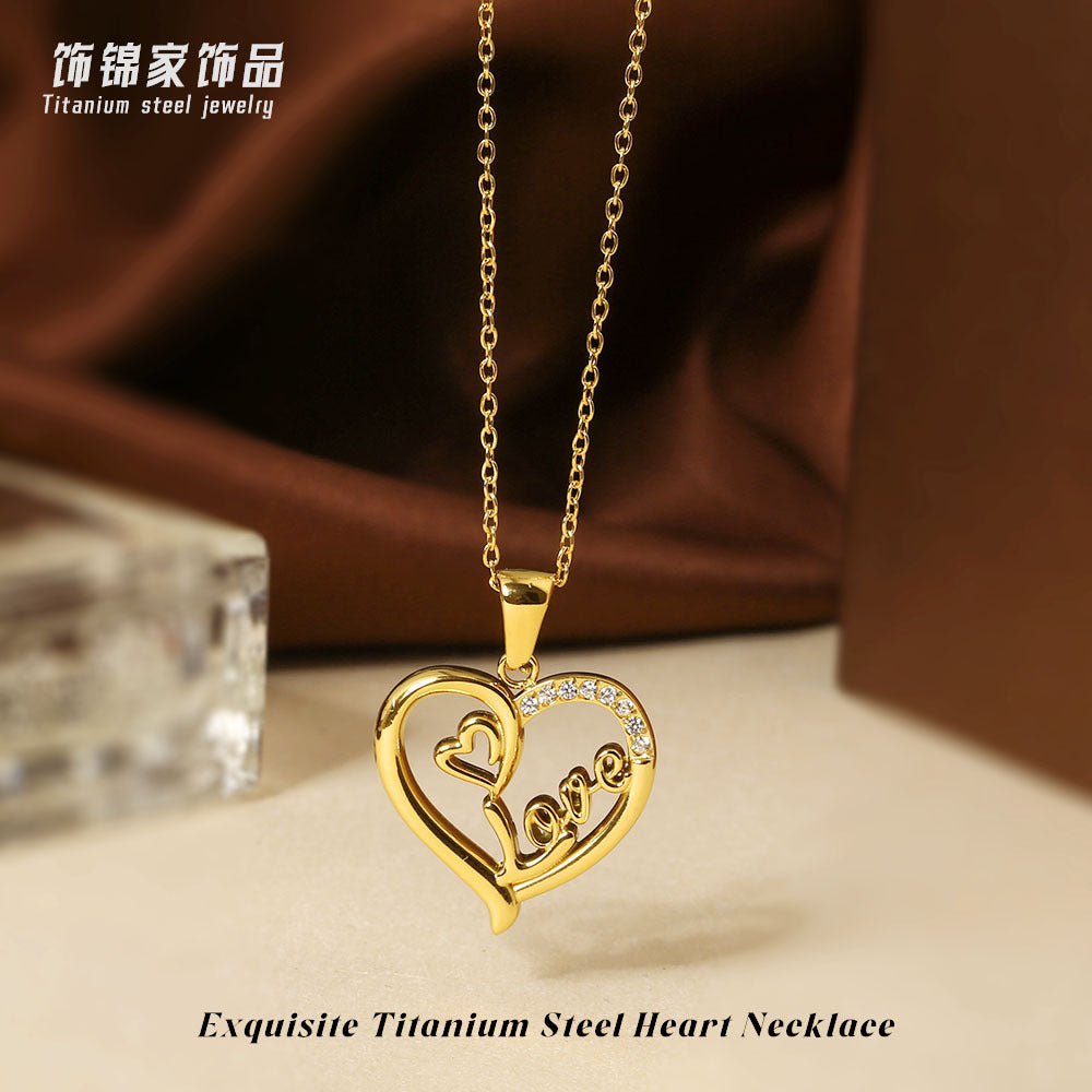 Wholesale Mother' s Day Titanium Steel Heart-Shaped Pendant Necklace with Zircon Inlay