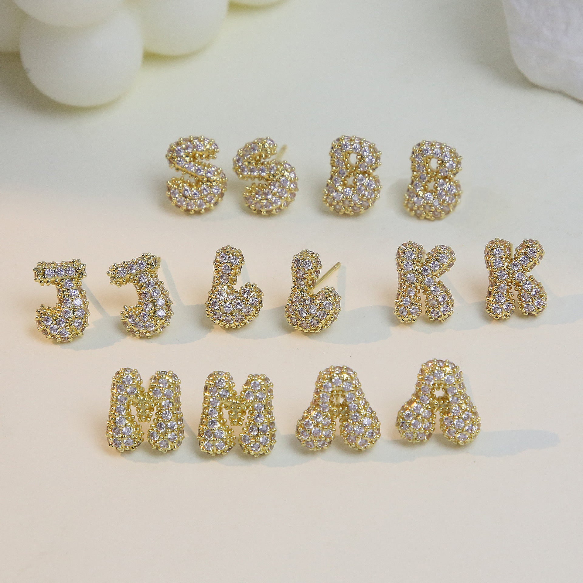Wholesale 18k Brass Balloon Bubble Zircon small size 26 English Cute Letter Earrings
