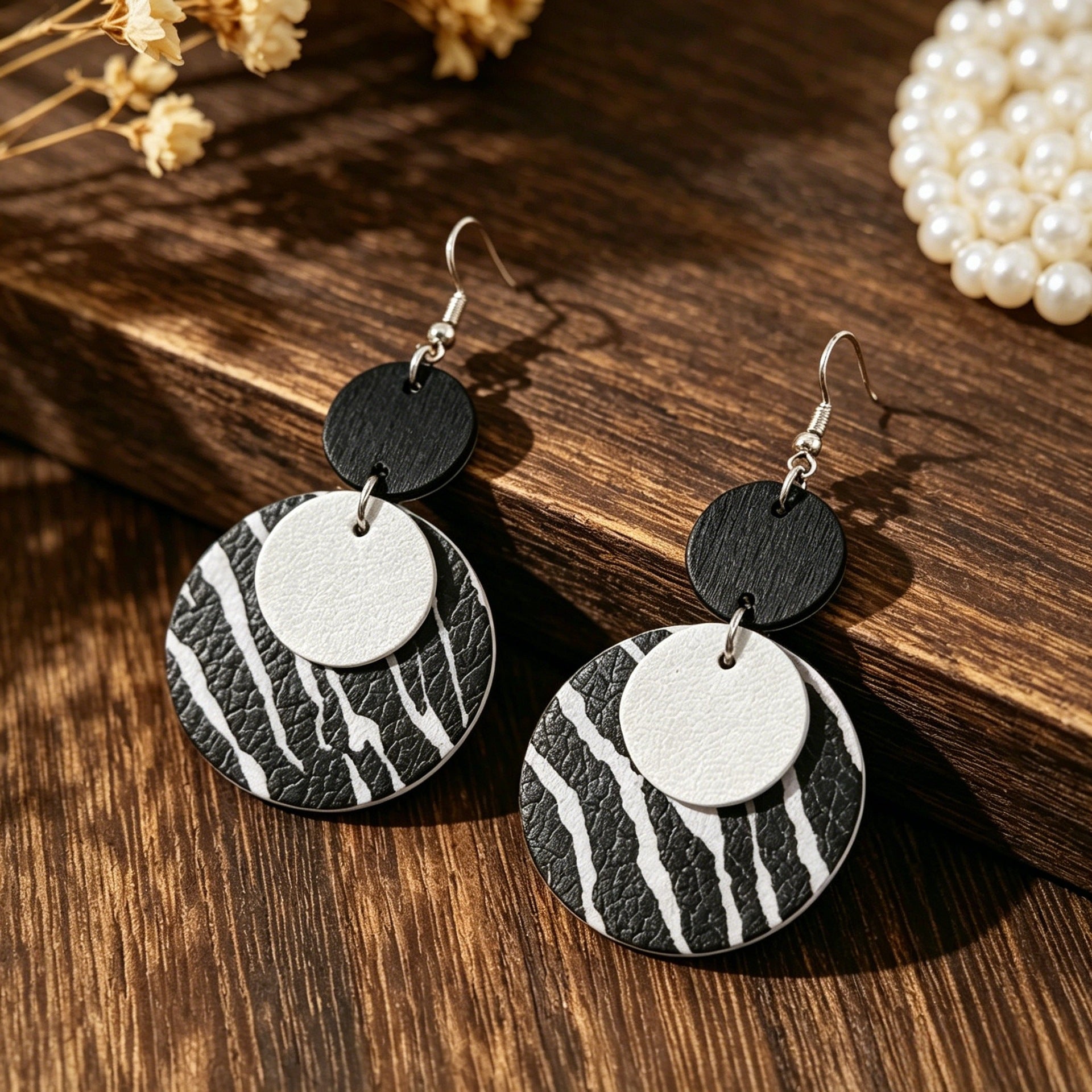 Wholesale Leather Earrings,  Black White Zebra Multi-Layered Round - Boutique Resale Jewelry Accessory
