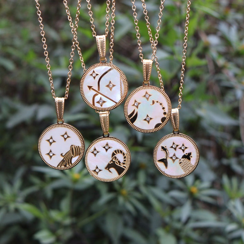 Wholesale Zodiac Diamond Round Shell Stainless Steel Pendant Necklace 18K Gold Plated