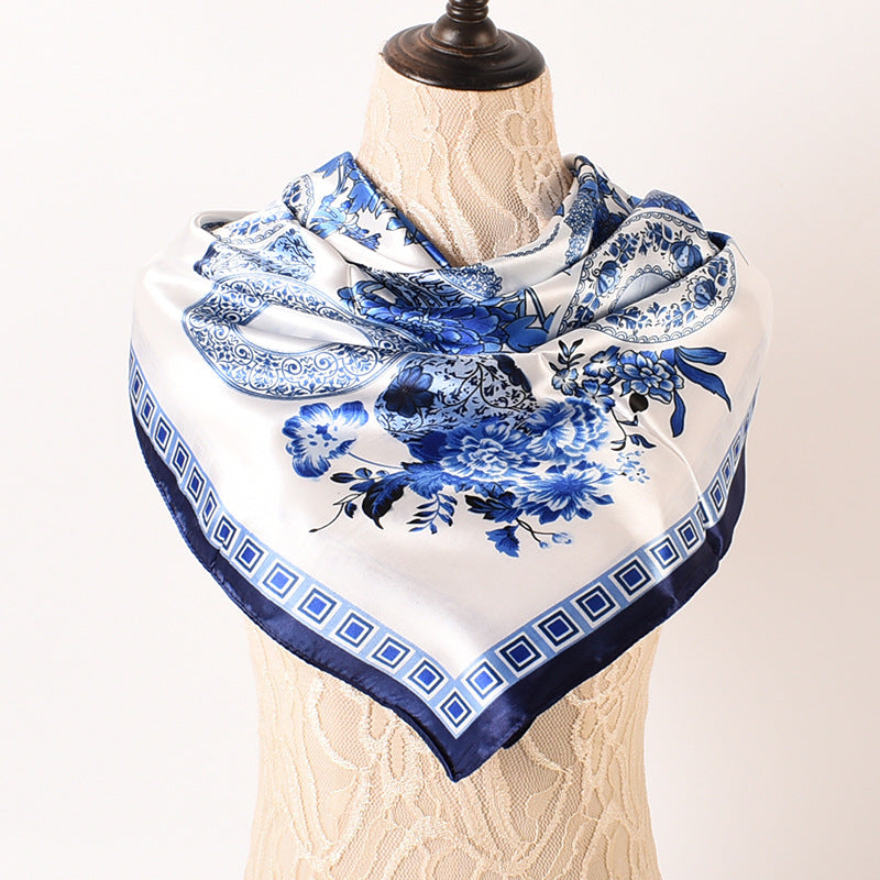 Wholesale  Blue and White Porcelain Pattern 90* 90 Satin Large Square Scarf
