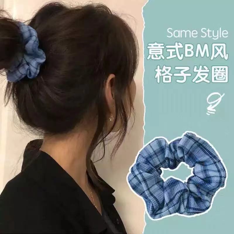Wholesale Blue Plaid Hair Rope Floral Polka Dot Hair Ring Hair Scrunchies ACC-HS-Weim003