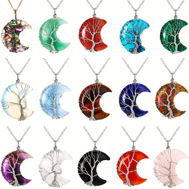 Wholesale Boutique Wire Wrapped Crescent Moon Tree Of Life Amethyst Crystal Necklace Jewelry Accessory