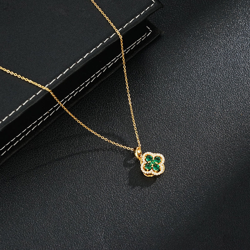 Wholesale Micro Green Rotating Zirconia Four Leaf Flower Pendant Necklace